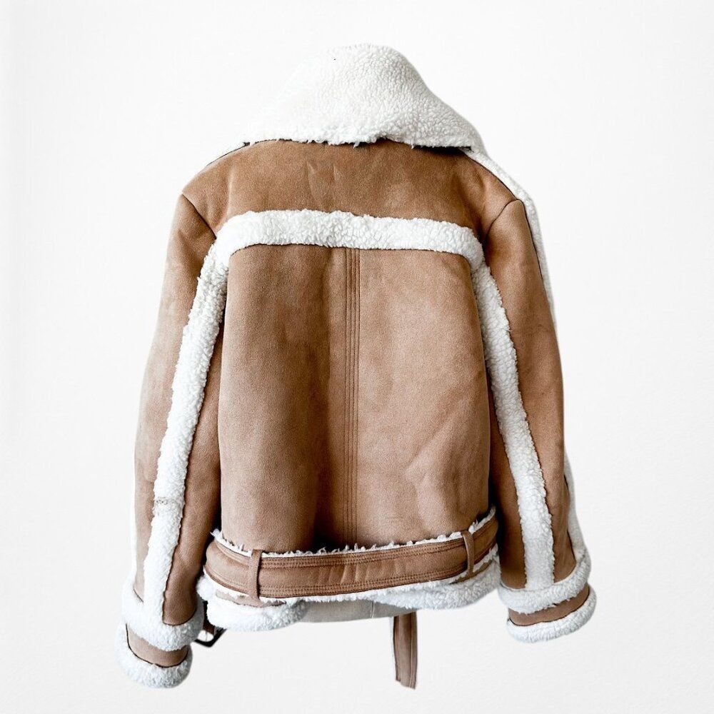 Vintage Y2K 90s Brown Suede Faux Fur Fleece Lined Motorcycle Biker Jacket Coat L - Picture 9 of 9